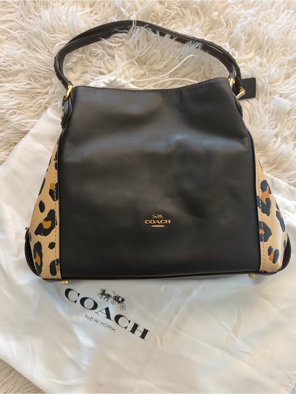 Coach Black Leather Shoulder Bag with Leopard-Print Side Panels